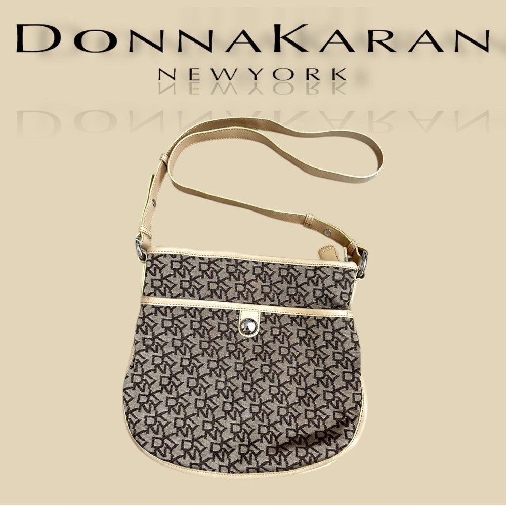 DKNY Brown and Tan Monogram Crossbody Bag